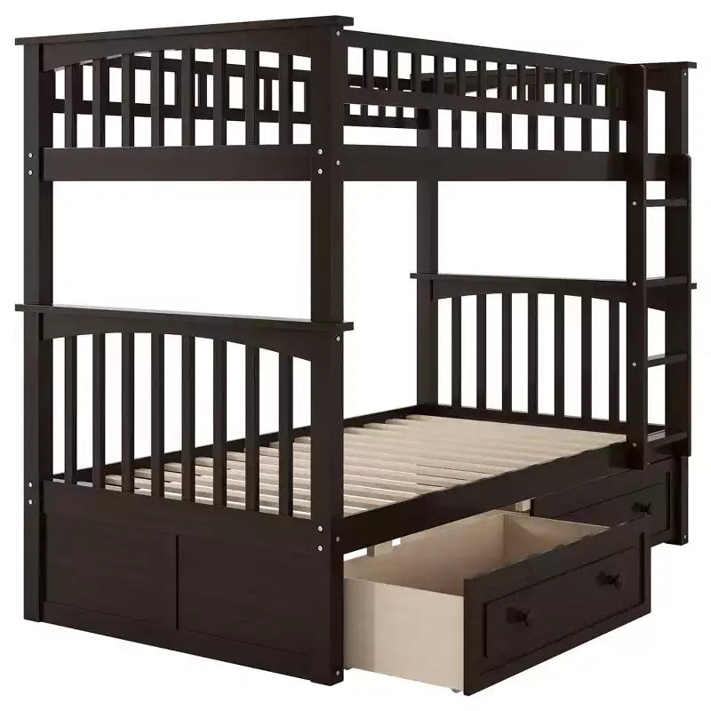 Wood Bunk Bed with Drawers, Convertible Bunk Bed with Two Storage Drawers, Solid Wood Detachable Bunk Bed Frame