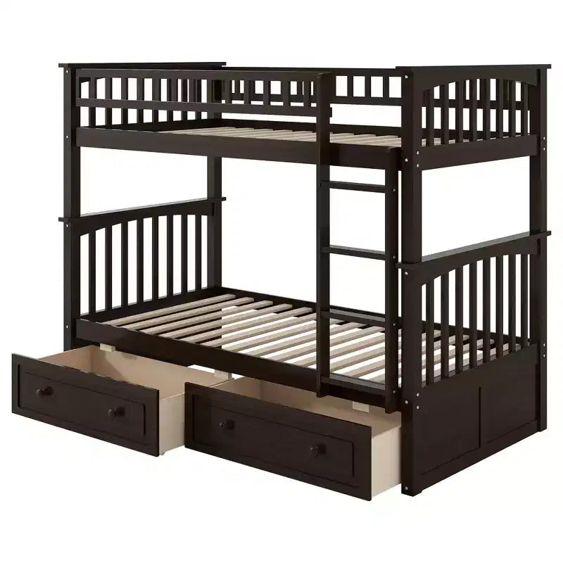 Wood Bunk Bed with Drawers, Convertible Bunk Bed with Two Storage Drawers, Solid Wood Detachable Bunk Bed Frame