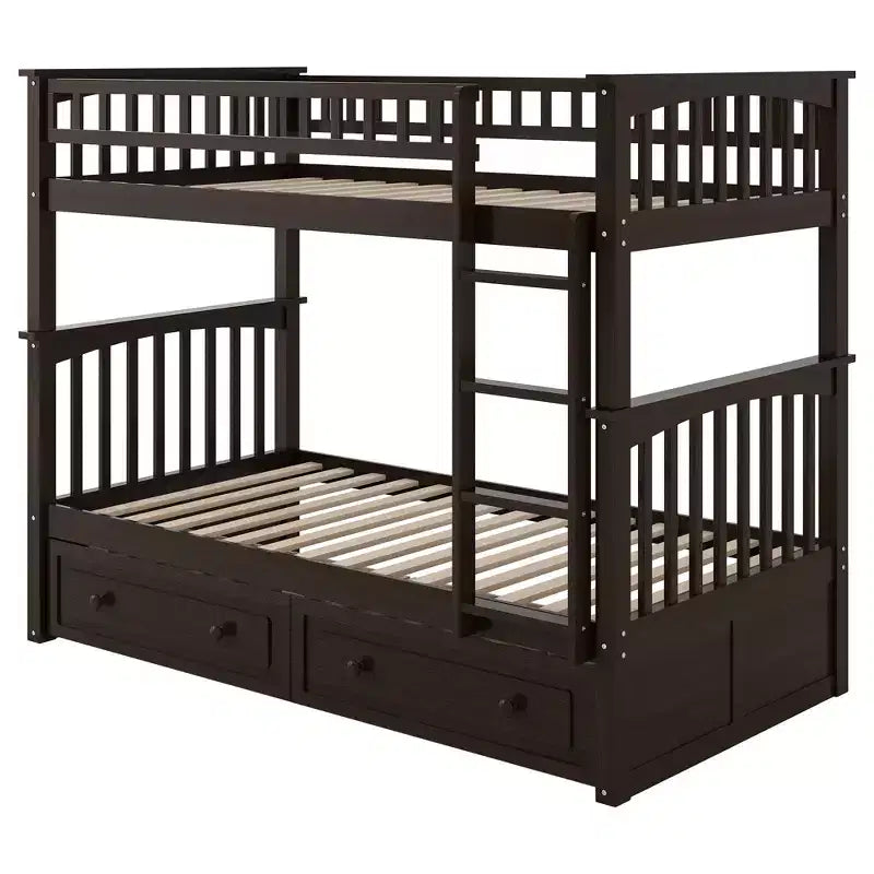 Wood Bunk Bed with Drawers, Convertible Bunk Bed with Two Storage Drawers, Solid Wood Detachable Bunk Bed Frame