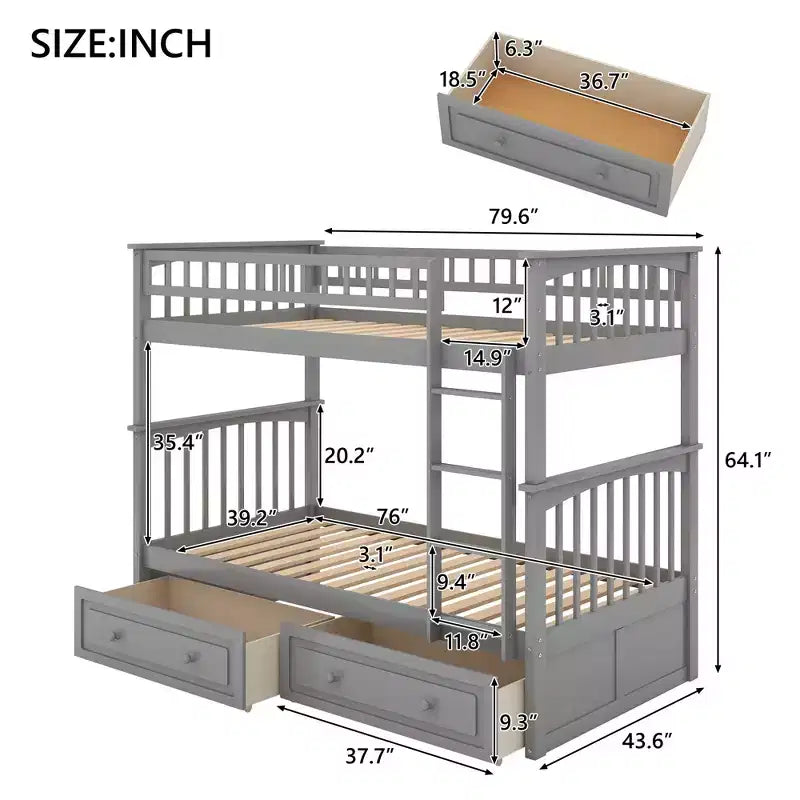 Wood Bunk Bed with Drawers, Convertible Bunk Bed with Two Storage Drawers, Solid Wood Detachable Bunk Bed Frame