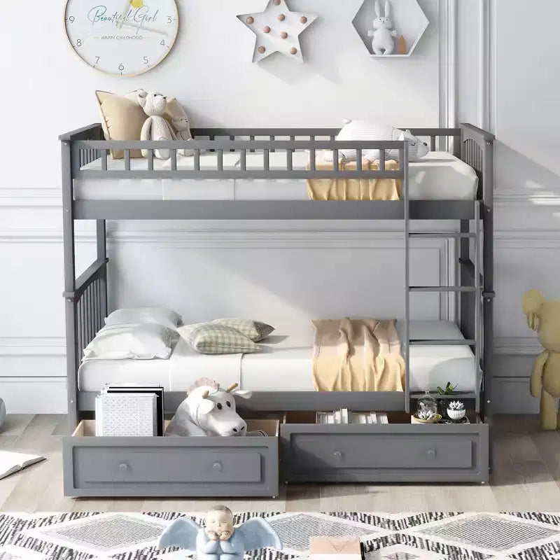 Wood Bunk Bed with Drawers, Convertible Bunk Bed with Two Storage Drawers, Solid Wood Detachable Bunk Bed Frame