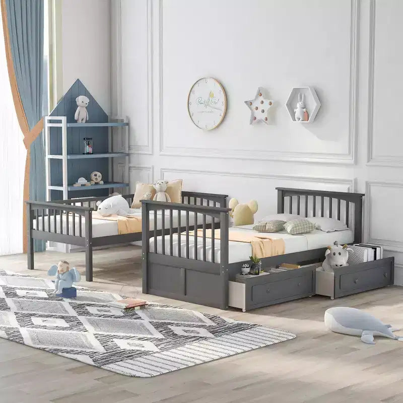 Wood Bunk Bed with Drawers, Convertible Bunk Bed with Two Storage Drawers, Solid Wood Detachable Bunk Bed Frame