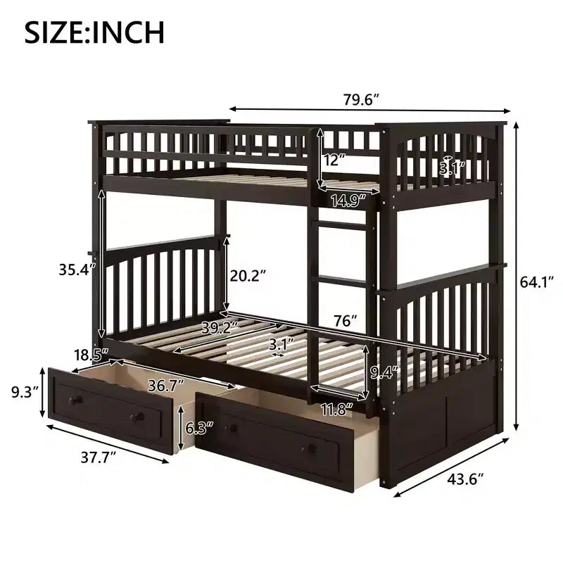 Wood Bunk Bed with Drawers, Convertible Bunk Bed with Two Storage Drawers, Solid Wood Detachable Bunk Bed Frame