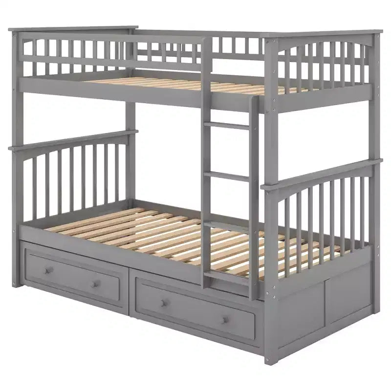 Wood Bunk Bed with Drawers, Convertible Bunk Bed with Two Storage Drawers, Solid Wood Detachable Bunk Bed Frame