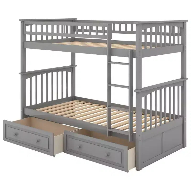 Wood Bunk Bed with Drawers, Convertible Bunk Bed with Two Storage Drawers, Solid Wood Detachable Bunk Bed Frame