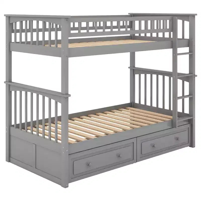 Wood Bunk Bed with Drawers, Convertible Bunk Bed with Two Storage Drawers, Solid Wood Detachable Bunk Bed Frame