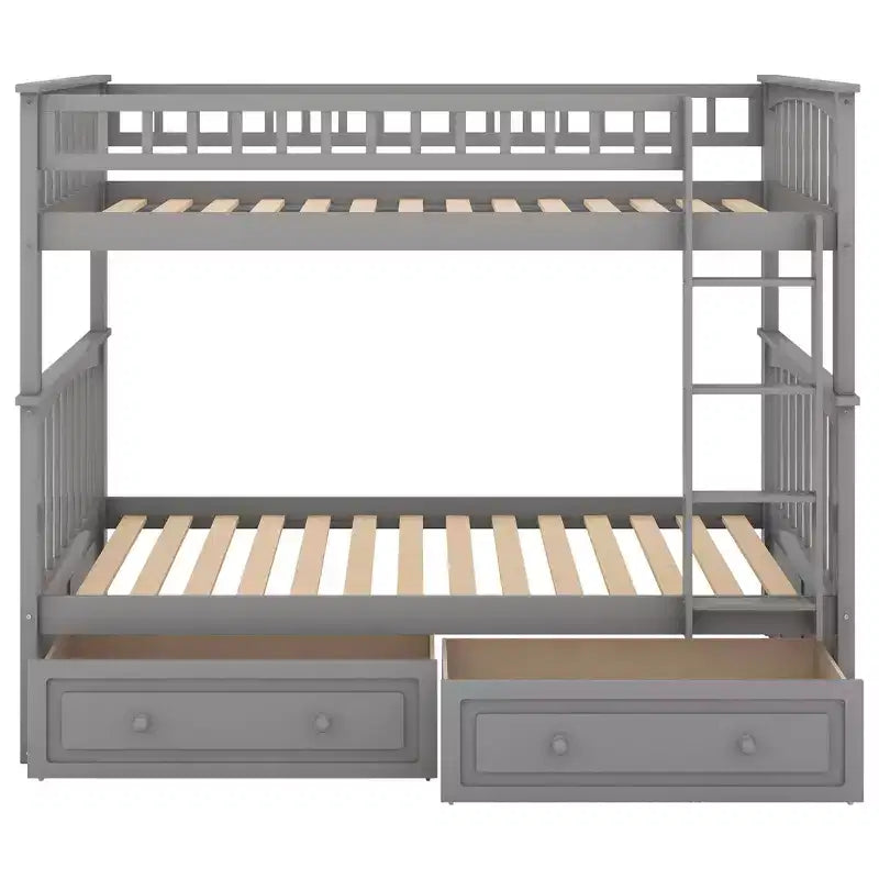 Wood Bunk Bed with Drawers, Convertible Bunk Bed with Two Storage Drawers, Solid Wood Detachable Bunk Bed Frame