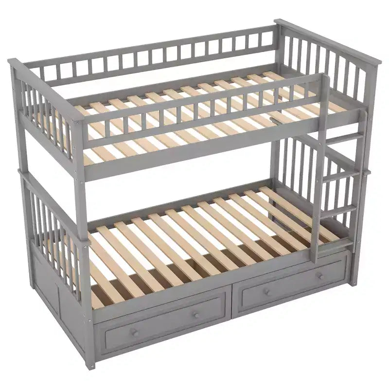 Wood Bunk Bed with Drawers, Convertible Bunk Bed with Two Storage Drawers, Solid Wood Detachable Bunk Bed Frame