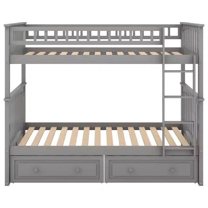Wood Bunk Bed with Drawers, Convertible Bunk Bed with Two Storage Drawers, Solid Wood Detachable Bunk Bed Frame