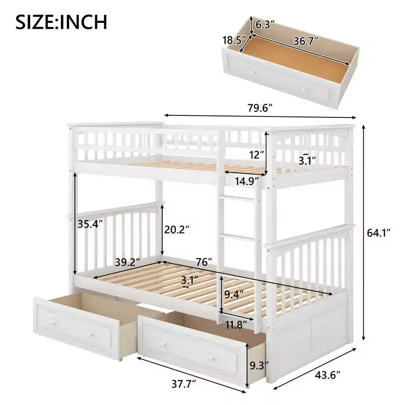 Wood Bunk Bed with Drawers, Convertible Bunk Bed with Two Storage Drawers, Solid Wood Detachable Bunk Bed Frame