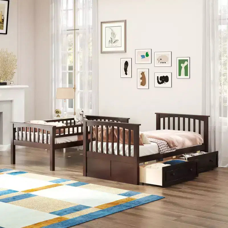 Wood Bunk Bed with Drawers, Convertible Bunk Bed with Two Storage Drawers, Solid Wood Detachable Bunk Bed Frame
