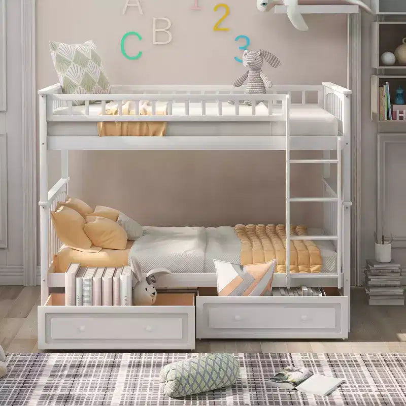 Wood Bunk Bed with Drawers, Convertible Bunk Bed with Two Storage Drawers, Solid Wood Detachable Bunk Bed Frame