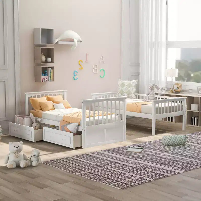 Wood Bunk Bed with Drawers, Convertible Bunk Bed with Two Storage Drawers, Solid Wood Detachable Bunk Bed Frame