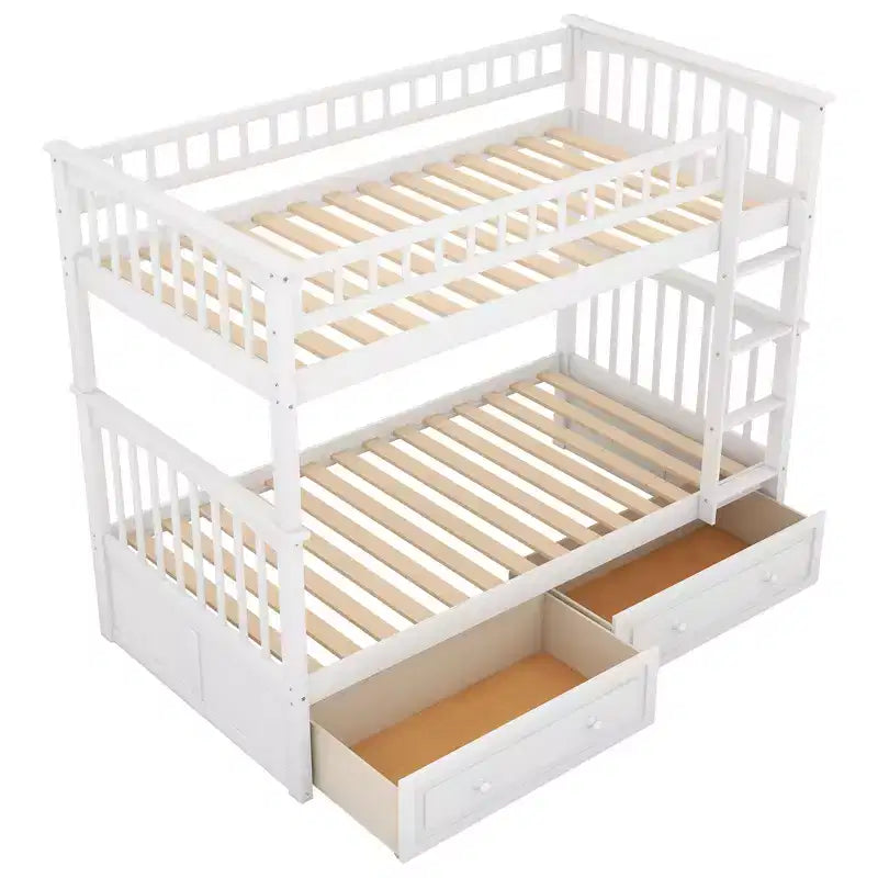 Wood Bunk Bed with Drawers, Convertible Bunk Bed with Two Storage Drawers, Solid Wood Detachable Bunk Bed Frame