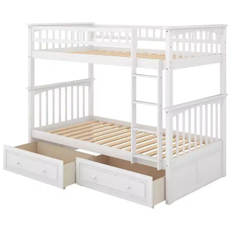 Wood Bunk Bed with Drawers, Convertible Bunk Bed with Two Storage Drawers, Solid Wood Detachable Bunk Bed Frame