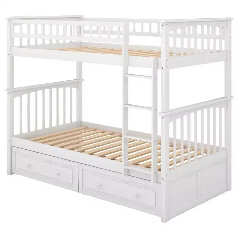 Wood Bunk Bed with Drawers, Convertible Bunk Bed with Two Storage Drawers, Solid Wood Detachable Bunk Bed Frame