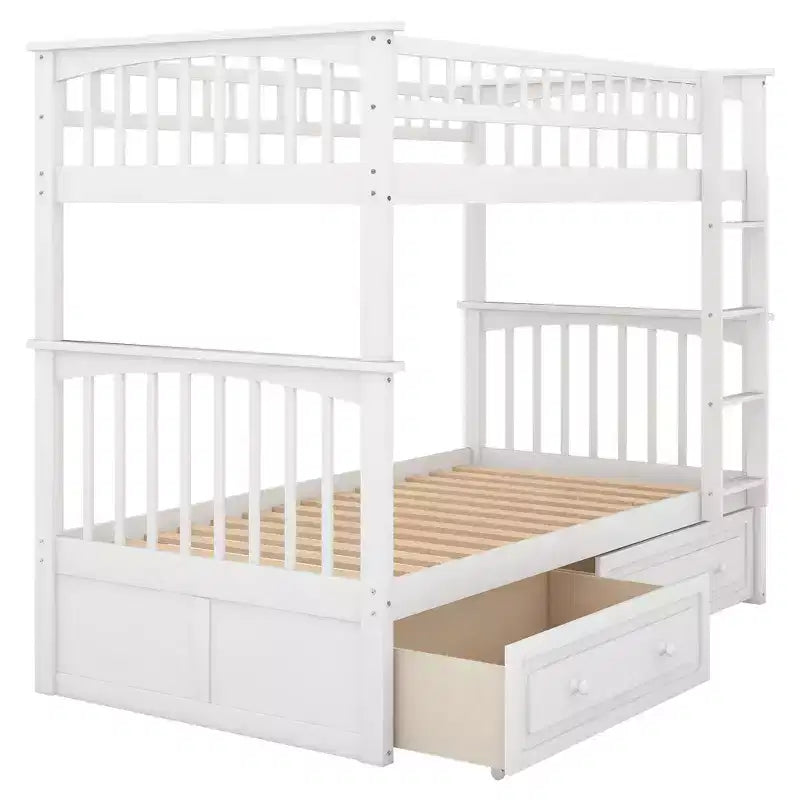 Wood Bunk Bed with Drawers, Convertible Bunk Bed with Two Storage Drawers, Solid Wood Detachable Bunk Bed Frame