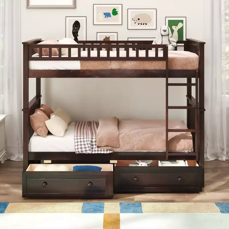 Wood Bunk Bed with Drawers, Convertible Bunk Bed with Two Storage Drawers, Solid Wood Detachable Bunk Bed Frame