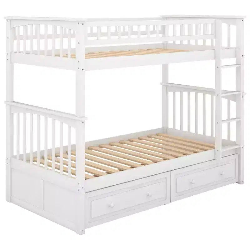 Wood Bunk Bed with Drawers, Convertible Bunk Bed with Two Storage Drawers, Solid Wood Detachable Bunk Bed Frame