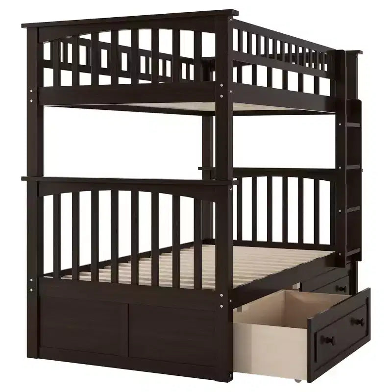 Wood Bunk Bed with Drawers, Convertible Bunk Bed with Two Storage Drawers, Solid Wood Detachable Bunk Bed Frame