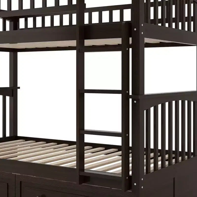 Wood Bunk Bed with Drawers, Convertible Bunk Bed with Two Storage Drawers, Solid Wood Detachable Bunk Bed Frame