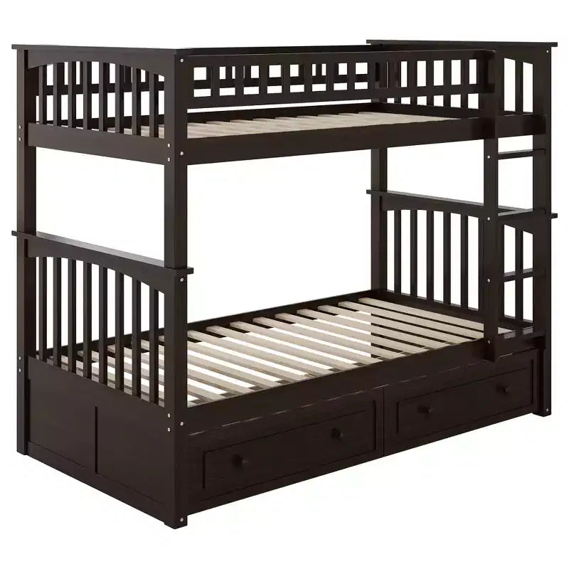 Wood Bunk Bed with Drawers, Convertible Bunk Bed with Two Storage Drawers, Solid Wood Detachable Bunk Bed Frame