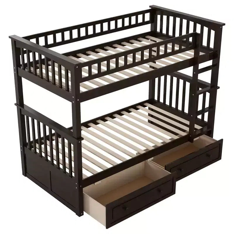 Wood Bunk Bed with Drawers, Convertible Bunk Bed with Two Storage Drawers, Solid Wood Detachable Bunk Bed Frame