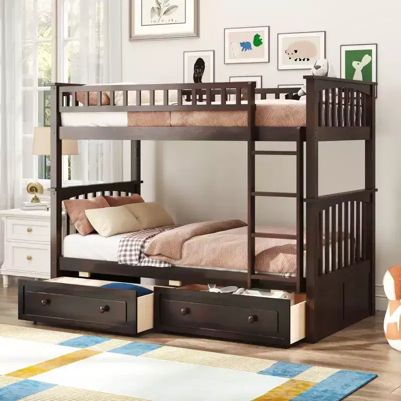 Wood Bunk Bed with Drawers, Convertible Bunk Bed with Two Storage Drawers, Solid Wood Detachable Bunk Bed Frame