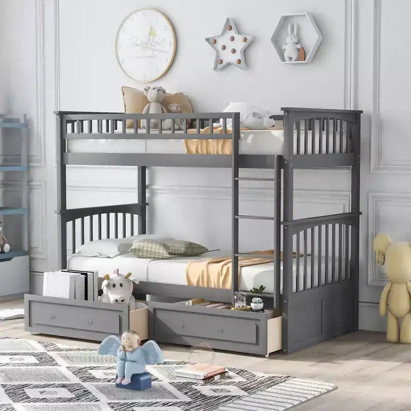 Wood Bunk Bed with Drawers, Convertible Bunk Bed with Two Storage Drawers, Solid Wood Detachable Bunk Bed Frame
