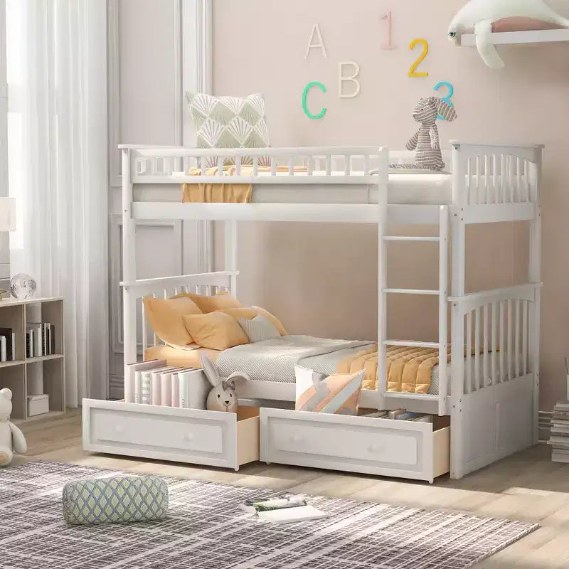Wood Bunk Bed with Drawers, Convertible Bunk Bed with Two Storage Drawers, Solid Wood Detachable Bunk Bed Frame