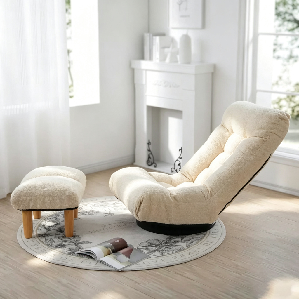 Fauteuil de sol pivotant, inclinable et rembourré avec pouf